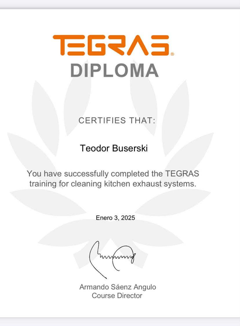 TEGRAS Diploma - Сертификат за почистване на кухненски вентилационни системи